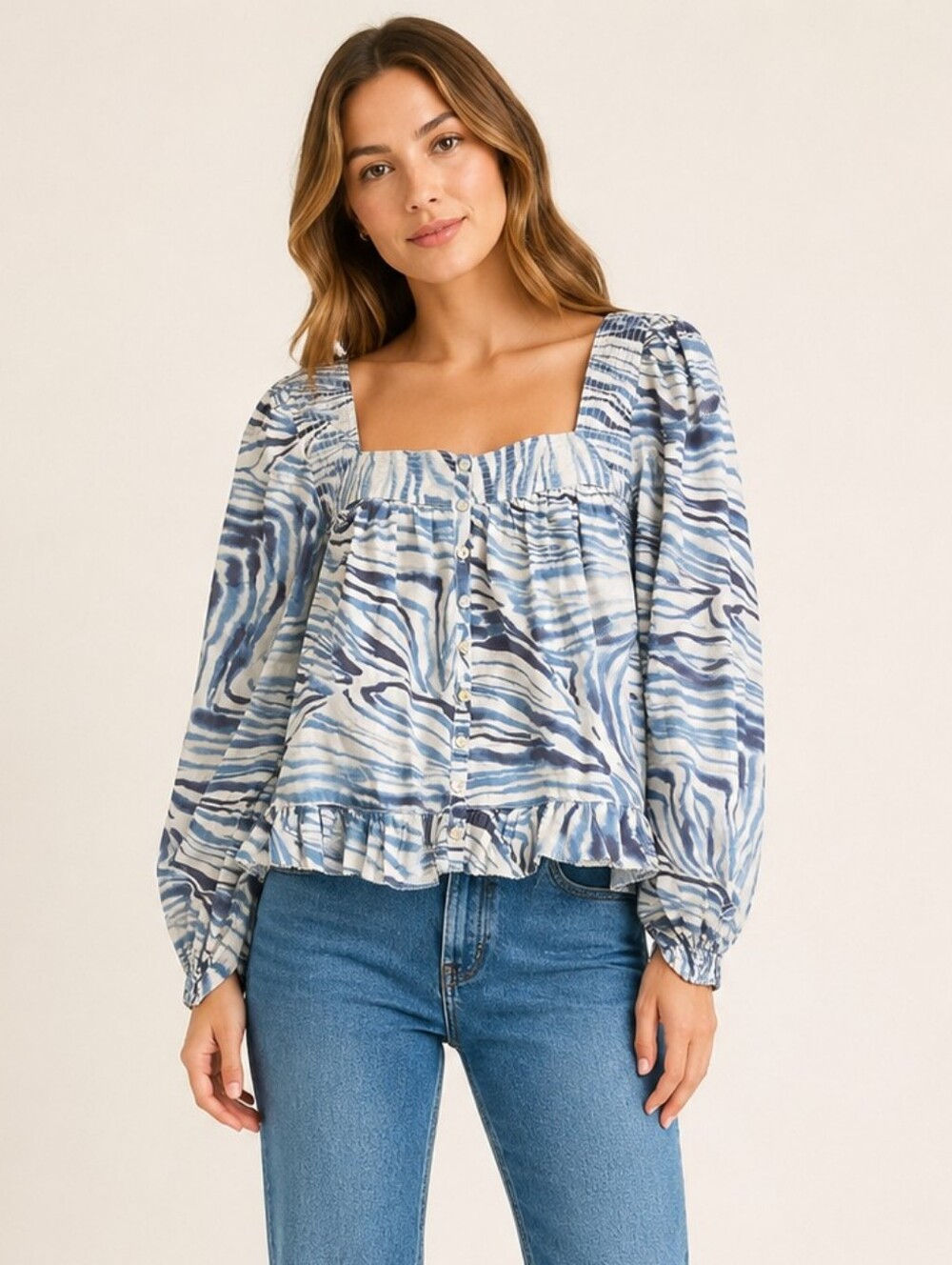 Love the Label Blue Zebra Print Square Neck Blouse Small